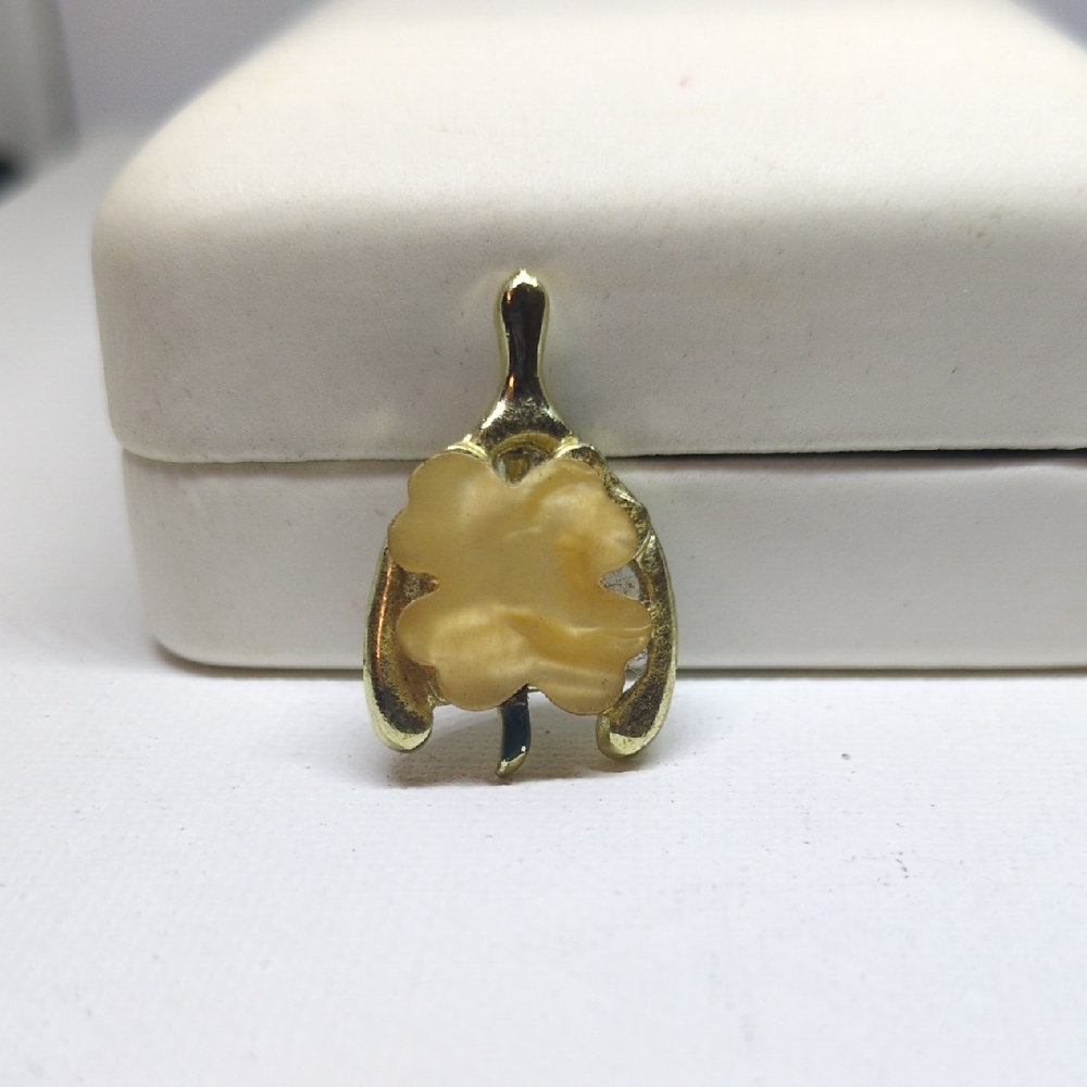 Good Luck Wishbone & Mother Of Pearl Shamrock Brooch Pin Vintage
